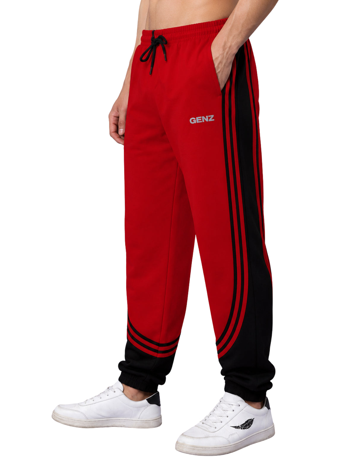 Genzclassic Men's Cotton Jogger Track Pants with Triple Side Stripes, Athletic Fit Sports Lower | Red & Black