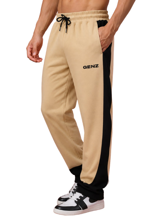 Genzclassic Men's Cotton Jogger Track Pants with Contrast Side Panels, Athletic Fit Sports Lower | Beige & Black