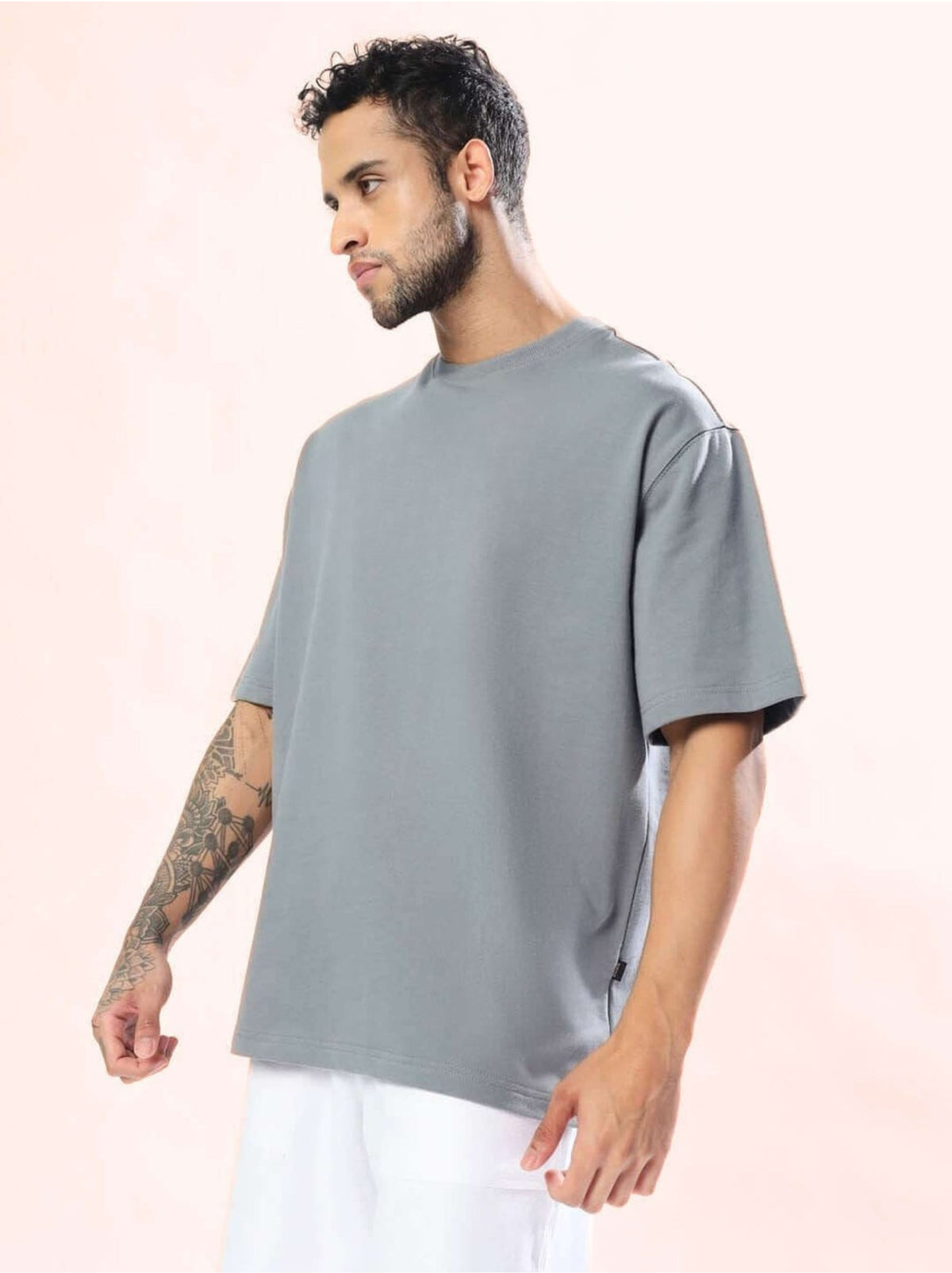Genz-Classic Men's Grey Oversized Peace Dove Back Graphic Print Cotton T-Shirt