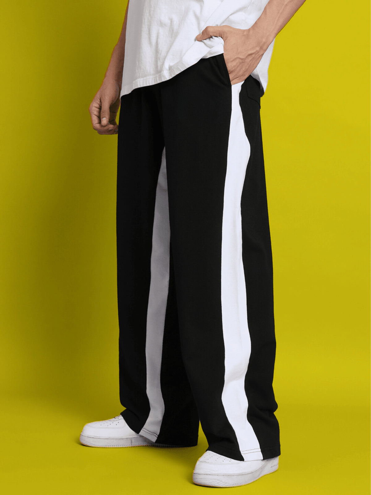 Genzclassic Men's Contrast Panel Track Pants | Relaxed Fit Athleisure Trouser | Black & White