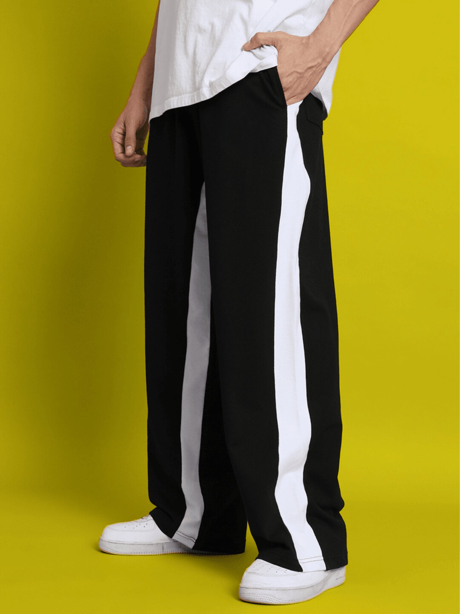 Genzclassic Men's Contrast Panel Track Pants | Relaxed Fit Athleisure Trouser | Black & White