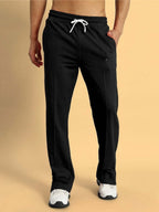 Genzclassic Men's Solid Straight Fit Cotton Track Pants with Drawstring Waist, Casual Sports Lower | Black
