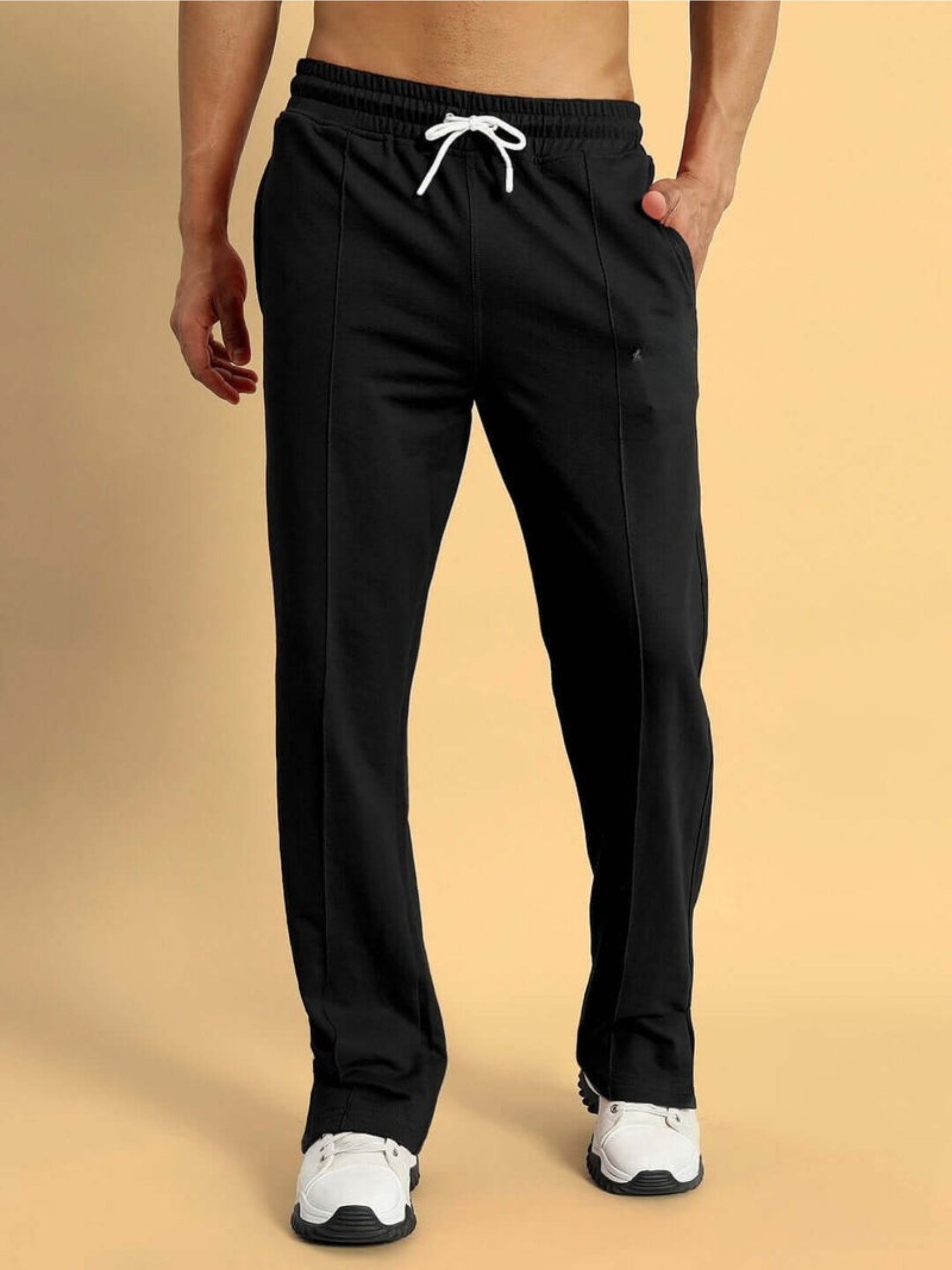 Genzclassic Men's Solid Straight Fit Cotton Track Pants with Drawstring Waist, Casual Sports Lower | Black