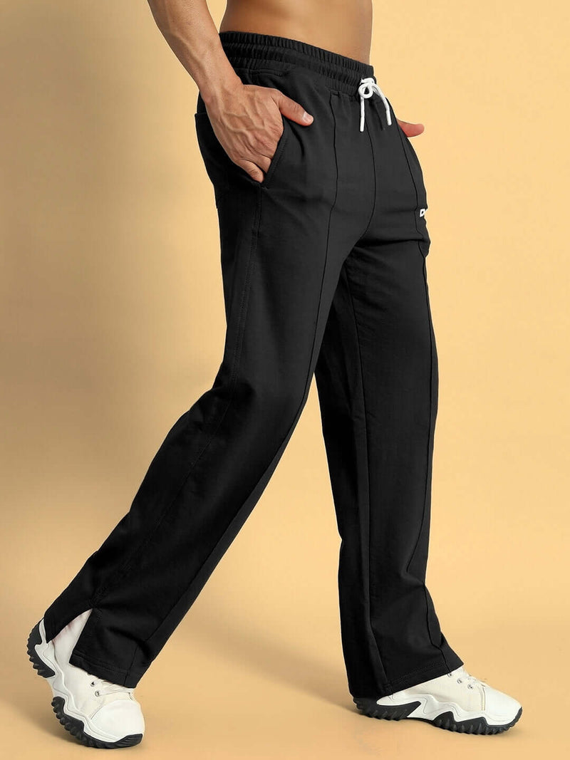 Genzclassic Men's Solid Straight Fit Cotton Track Pants with Drawstring Waist, Casual Sports Lower | Black