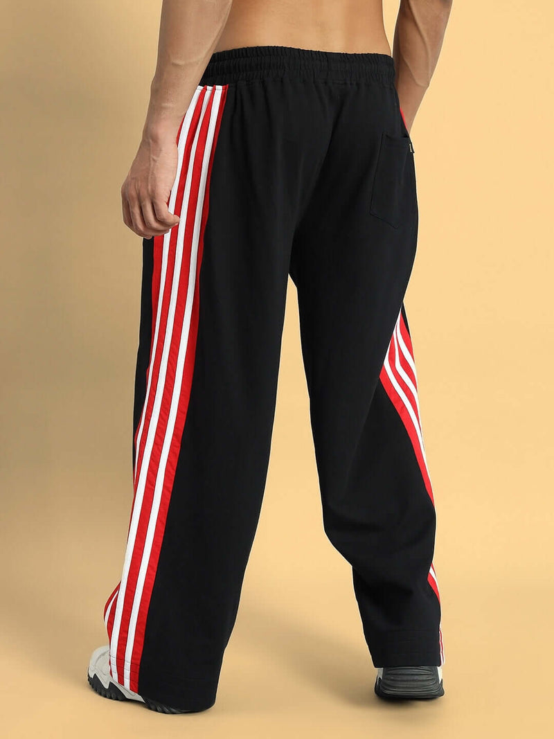 Genzclassic Men's Cotton Track Pants with Triple Side Stripes, Relaxed Fit Sports Lower | Black, Red & White
