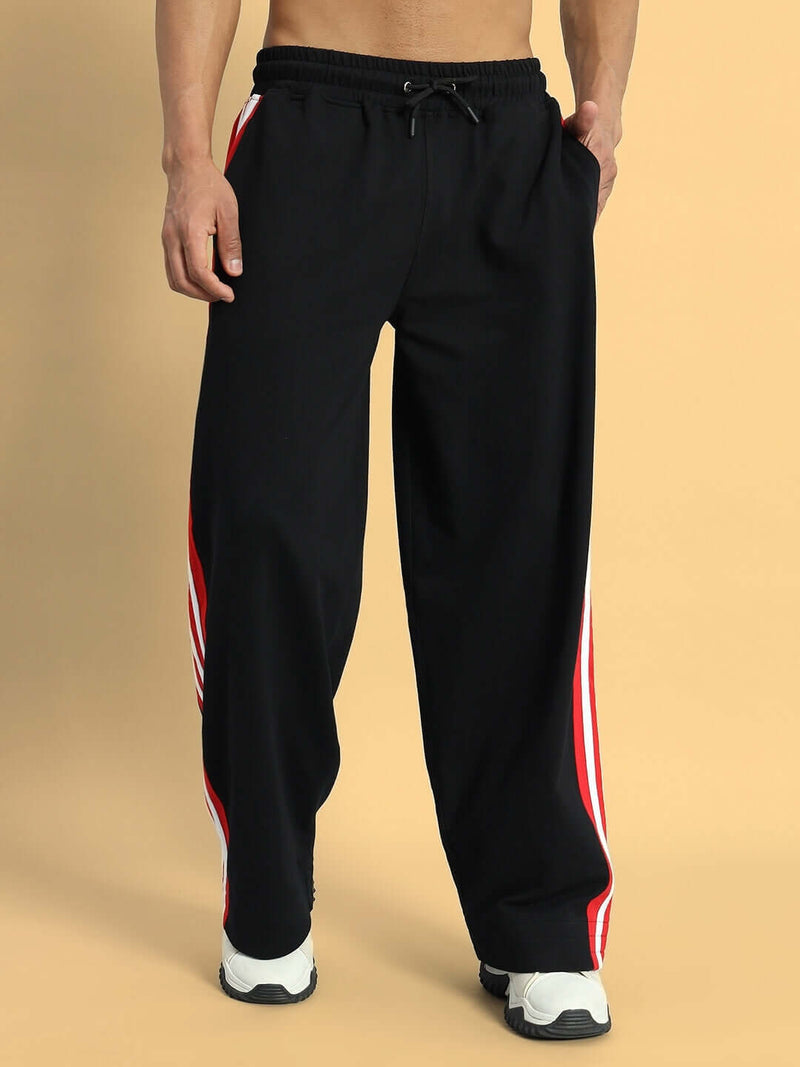 Genzclassic Men's Cotton Track Pants with Triple Side Stripes, Relaxed Fit Sports Lower | Black, Red & White