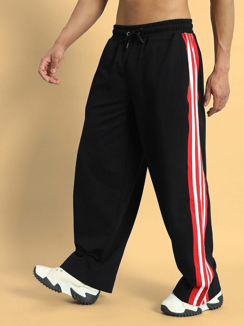 Genzclassic Men's Cotton Track Pants with Triple Side Stripes, Relaxed Fit Sports Lower | Black, Red & White