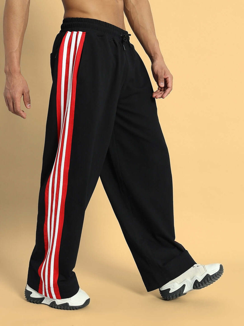 Genzclassic Men's Cotton Track Pants with Triple Side Stripes, Relaxed Fit Sports Lower | Black, Red & White