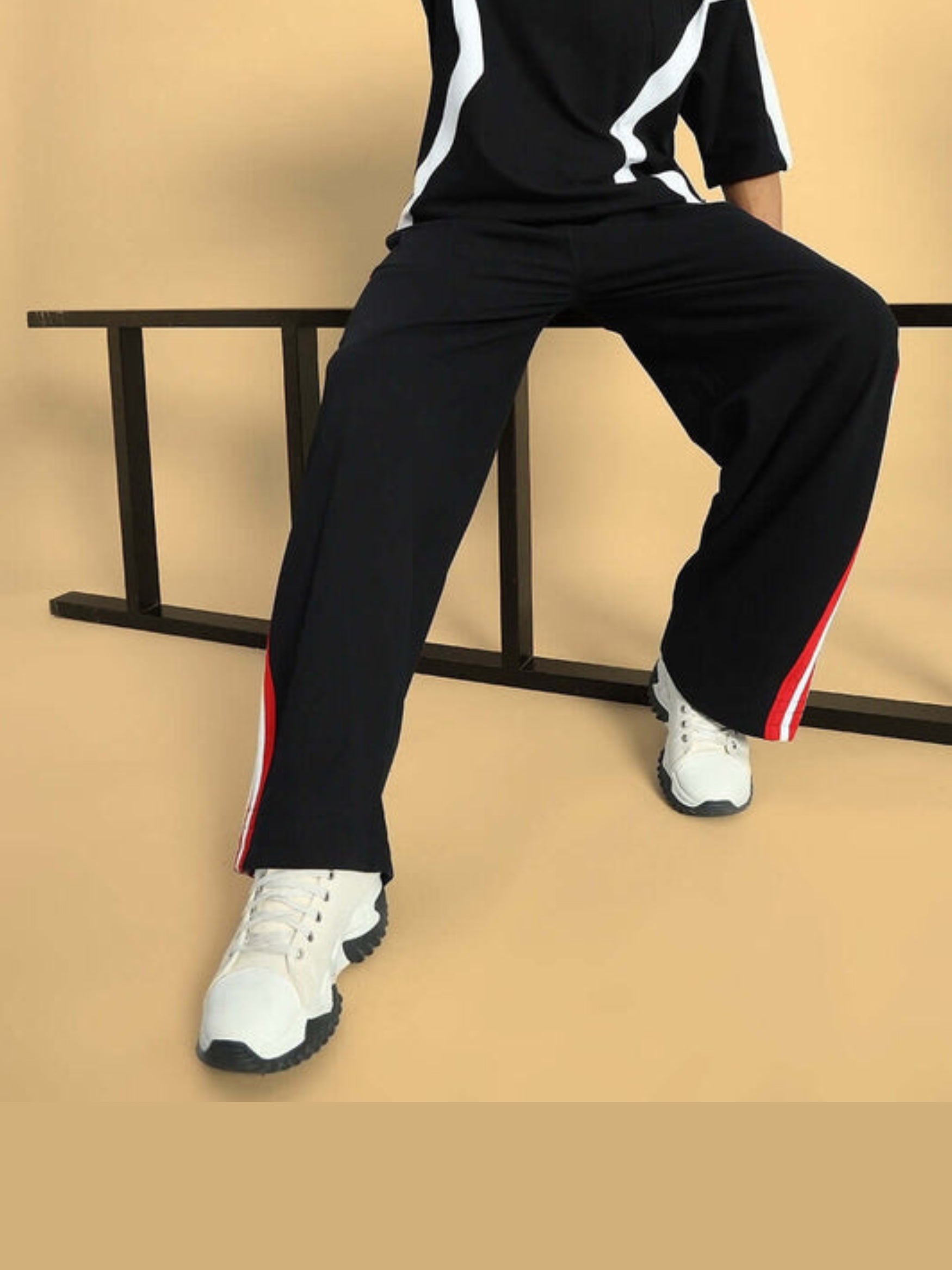 Genzclassic Men's Cotton Track Pants with Triple Side Stripes, Relaxed Fit Sports Lower | Black, Red & White