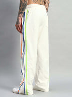 Genzclassic Men's Cotton Wide Leg Track Pants with Multicolor Side Zip Detail | White