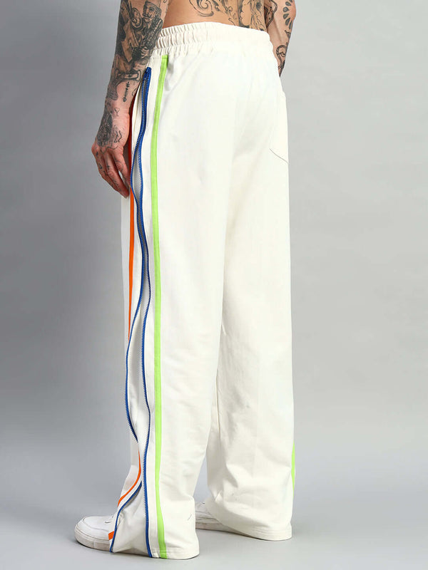 Genzclassic Men's Cotton Wide Leg Track Pants with Multicolor Side Zip Detail | White