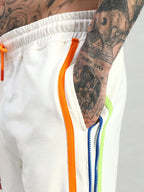 Genzclassic Men's Cotton Wide Leg Track Pants with Multicolor Side Zip Detail | White