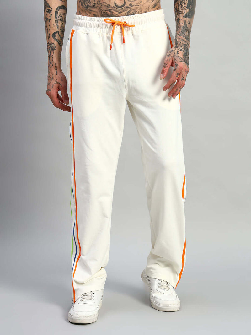 Genzclassic Men's Cotton Wide Leg Track Pants with Multicolor Side Zip Detail | White