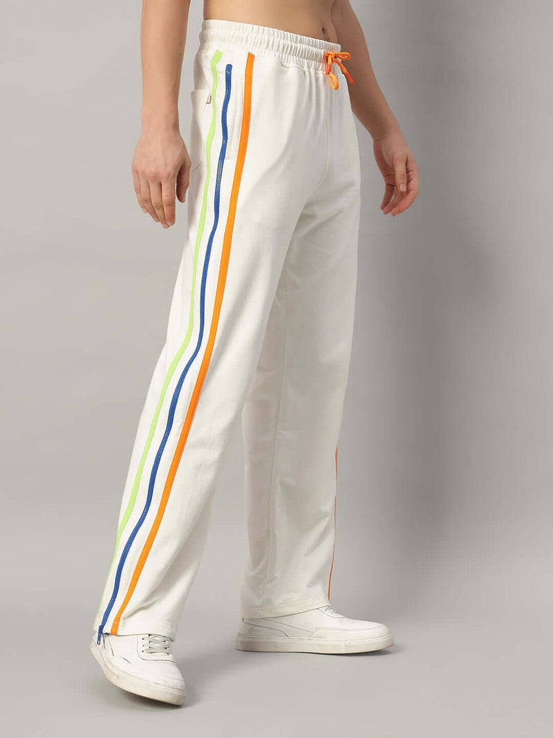 Genzclassic Men's Cotton Wide Leg Track Pants with Multicolor Side Zip Detail | White