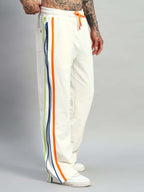 Genzclassic Men's Cotton Wide Leg Track Pants with Multicolor Side Zip Detail | White