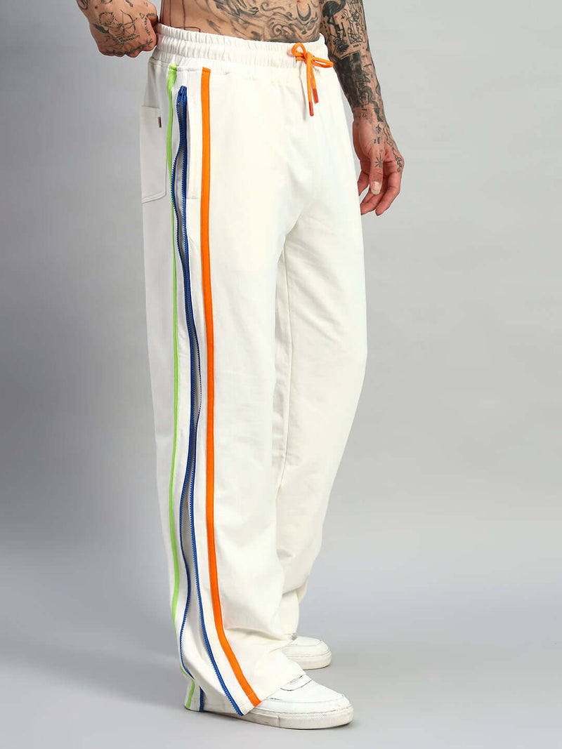 Genzclassic Men's Cotton Wide Leg Track Pants with Multicolor Side Zip Detail | White