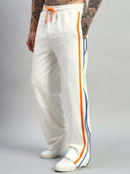 Genzclassic Men's Cotton Wide Leg Track Pants with Multicolor Side Zip Detail | White