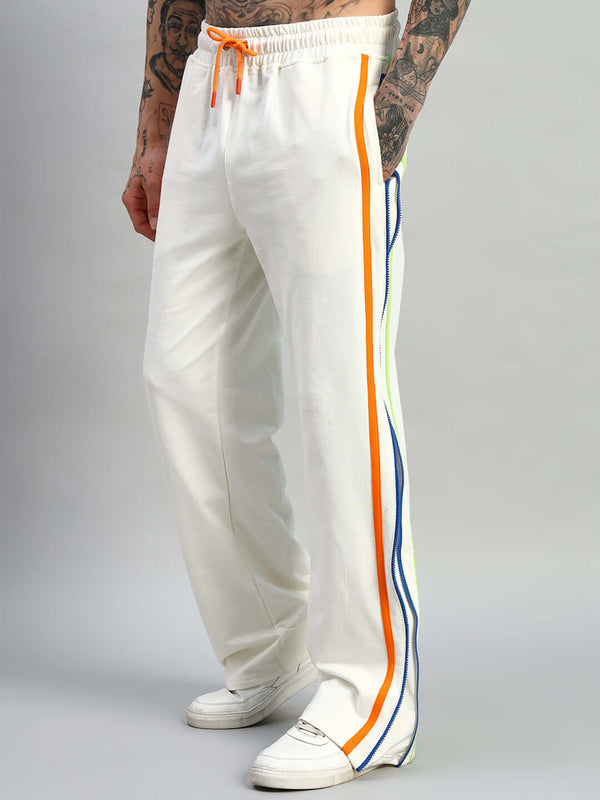 Genzclassic Men's Cotton Wide Leg Track Pants with Multicolor Side Zip Detail | White