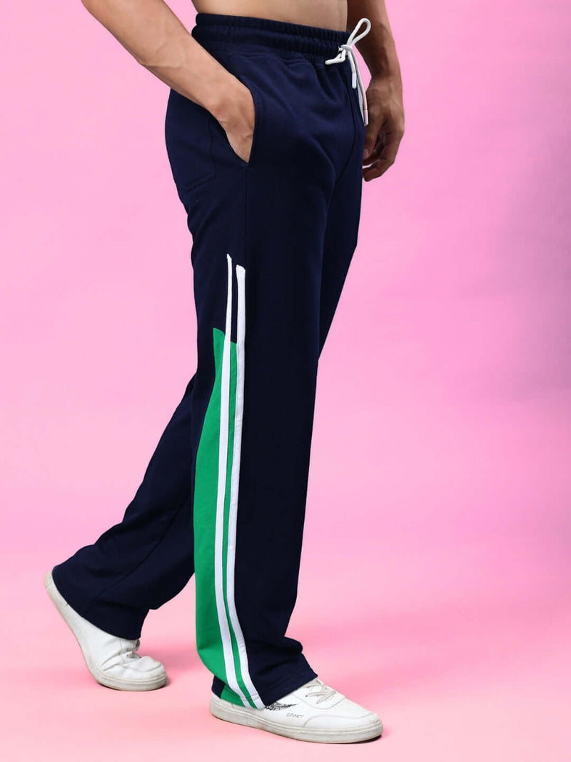 Genzclassic Men's Sports Track Pants with Side Stripe | Regular Fit Athletic Joggers | Navy Blue & Green