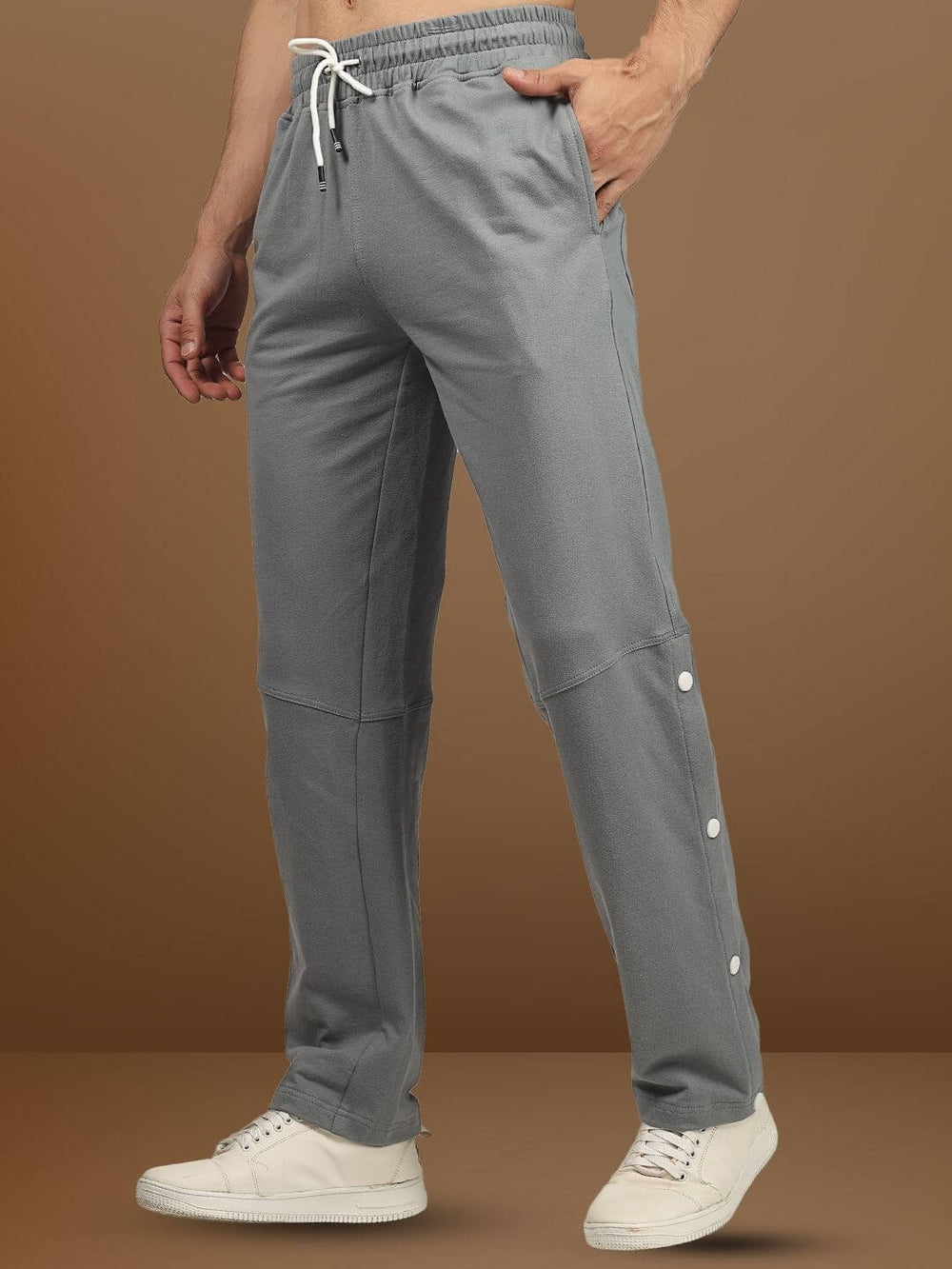 Genzclassic Men's Cotton Track Pants with Side Snap Buttons, Straight Fit Sports Lower | Grey