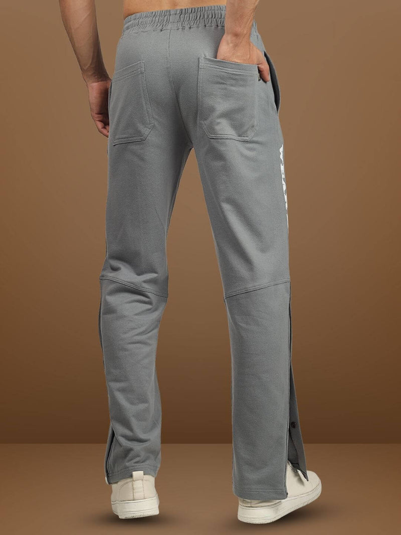 Genzclassic Men's Cotton Track Pants with Side Snap Buttons, Straight Fit Sports Lower | Grey