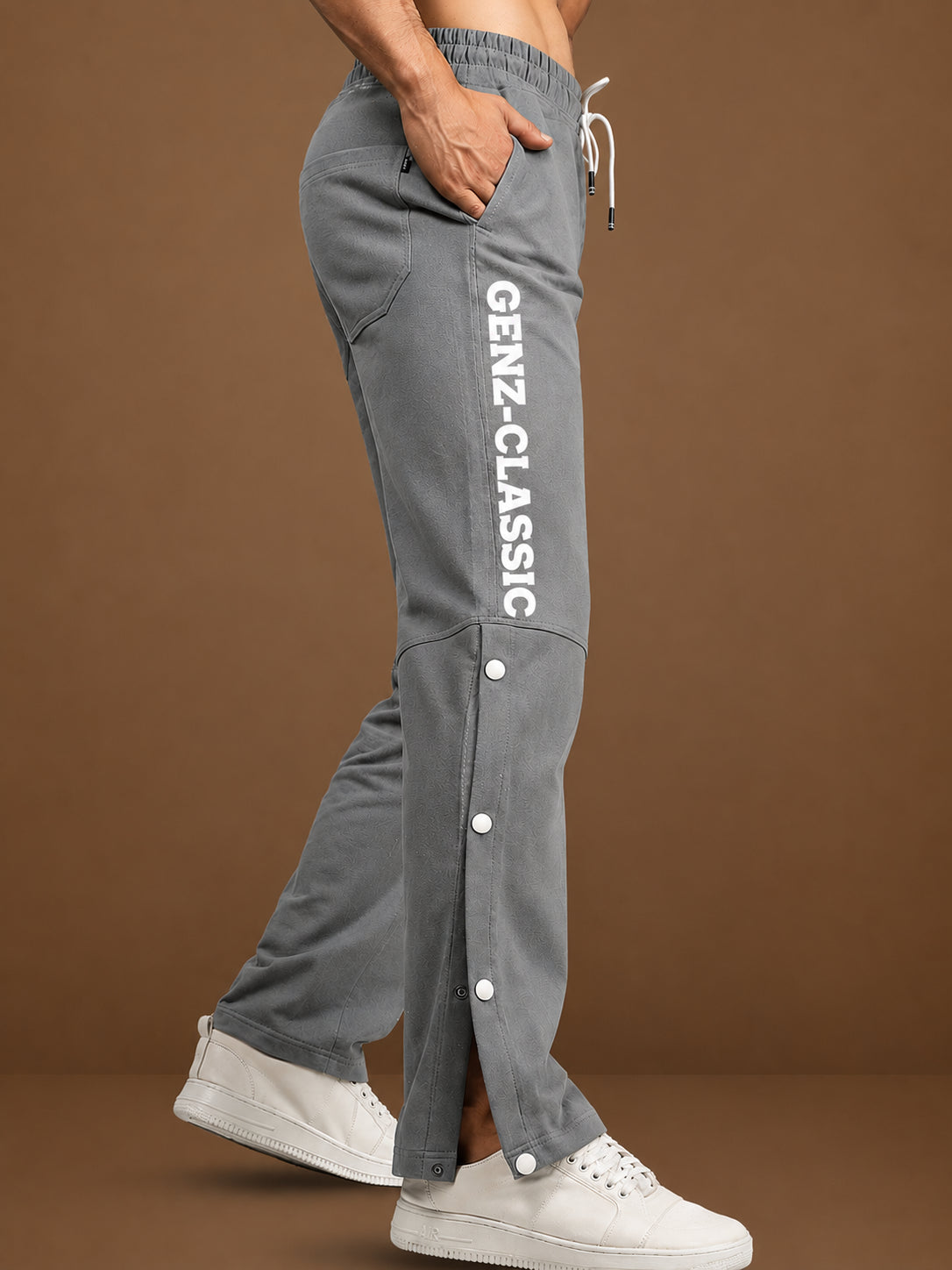 Genzclassic Men's Cotton Track Pants with Side Snap Buttons, Straight Fit Sports Lower | Grey