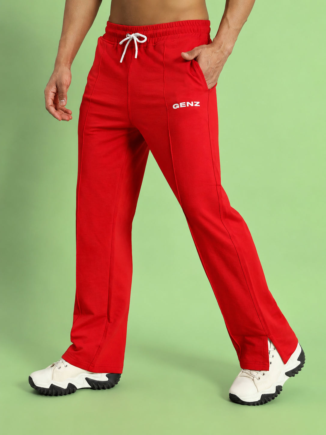 Genzclassic Men's Cotton Straight Fit Track Pants with Side Slit | Red