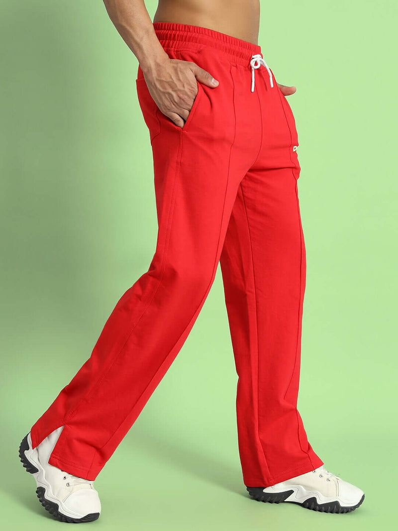 Genzclassic Men's Cotton Straight Fit Track Pants with Side Slit | Red