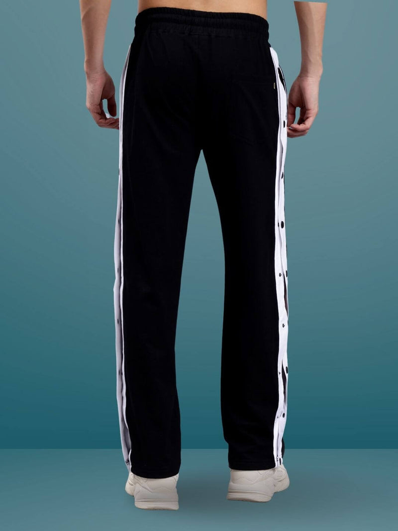 Genzclassic Men's Cotton Track Pants with Side Snap Buttons, Straight Fit Sports Lower | Black & White