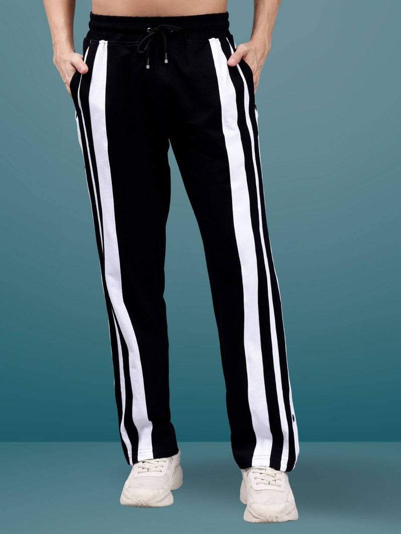 Genzclassic Men's Cotton Track Pants with Side Snap Buttons, Straight Fit Sports Lower | Black & White
