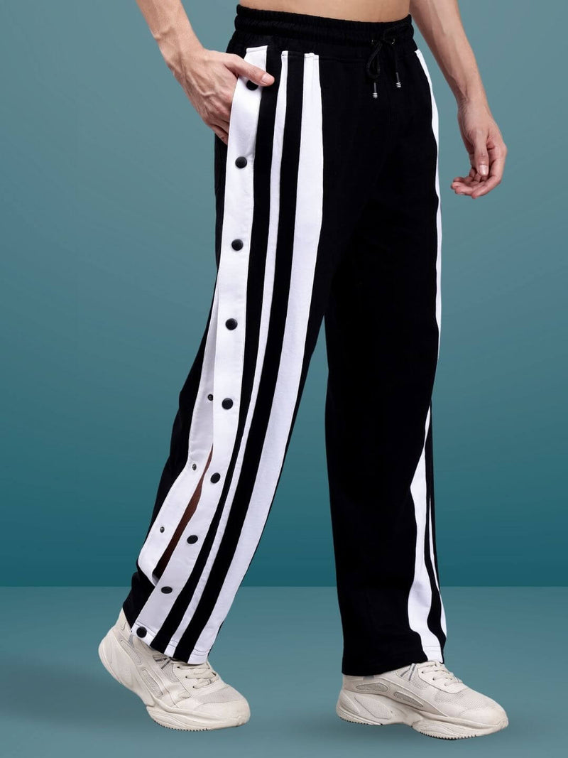 Genzclassic Men's Cotton Track Pants with Side Snap Buttons, Straight Fit Sports Lower | Black & White