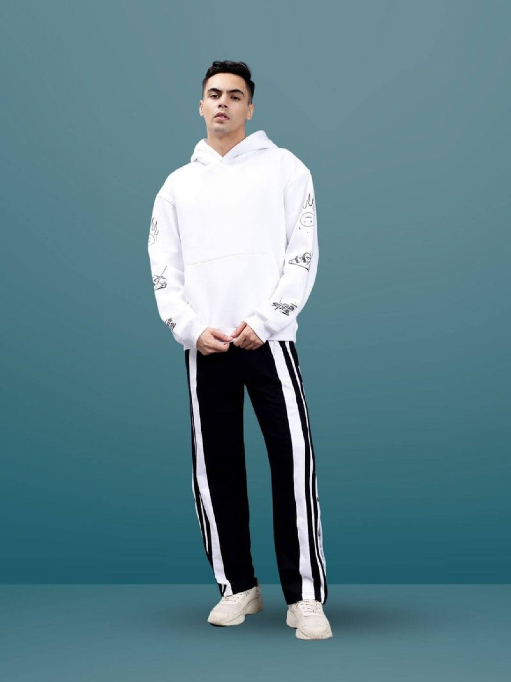 Genzclassic Men's Cotton Track Pants with Side Snap Buttons, Straight Fit Sports Lower | Black & White