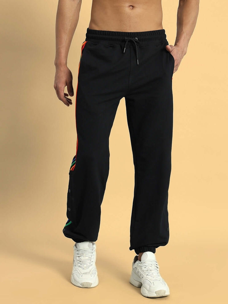 Genzclassic Men's Rainbow Stripe Track Pants with Side Snap Buttons, Athletic Jogger Lower | Black Multi-Color