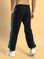 Genzclassic Men's Rainbow Stripe Track Pants with Side Snap Buttons, Athletic Jogger Lower | Black Multi-Color
