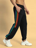 Genzclassic Men's Rainbow Stripe Track Pants with Side Snap Buttons, Athletic Jogger Lower | Black Multi-Color