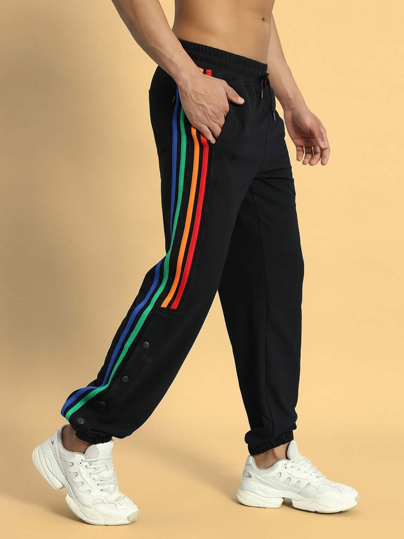 Genzclassic Men's Rainbow Stripe Track Pants with Side Snap Buttons, Athletic Jogger Lower | Black Multi-Color