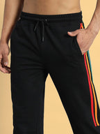Genzclassic Men's Rainbow Stripe Track Pants with Side Snap Buttons, Athletic Jogger Lower | Black Multi-Color