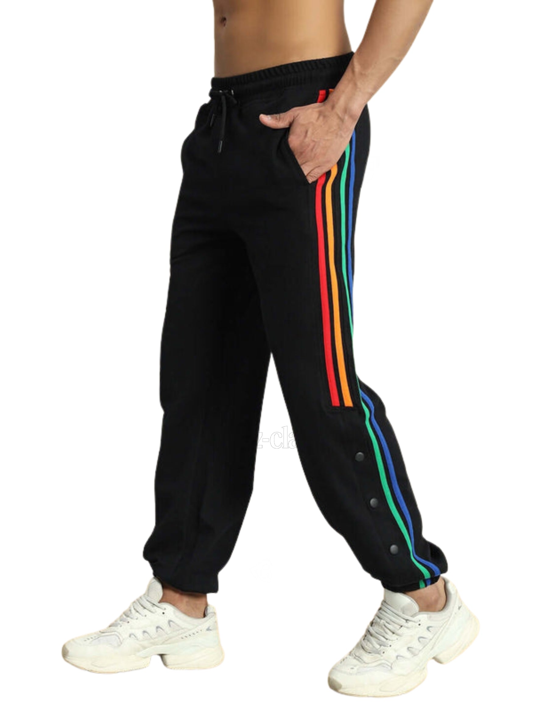 Genzclassic Men's Rainbow Stripe Track Pants with Side Snap Buttons, Athletic Jogger Lower | Black Multi-Color