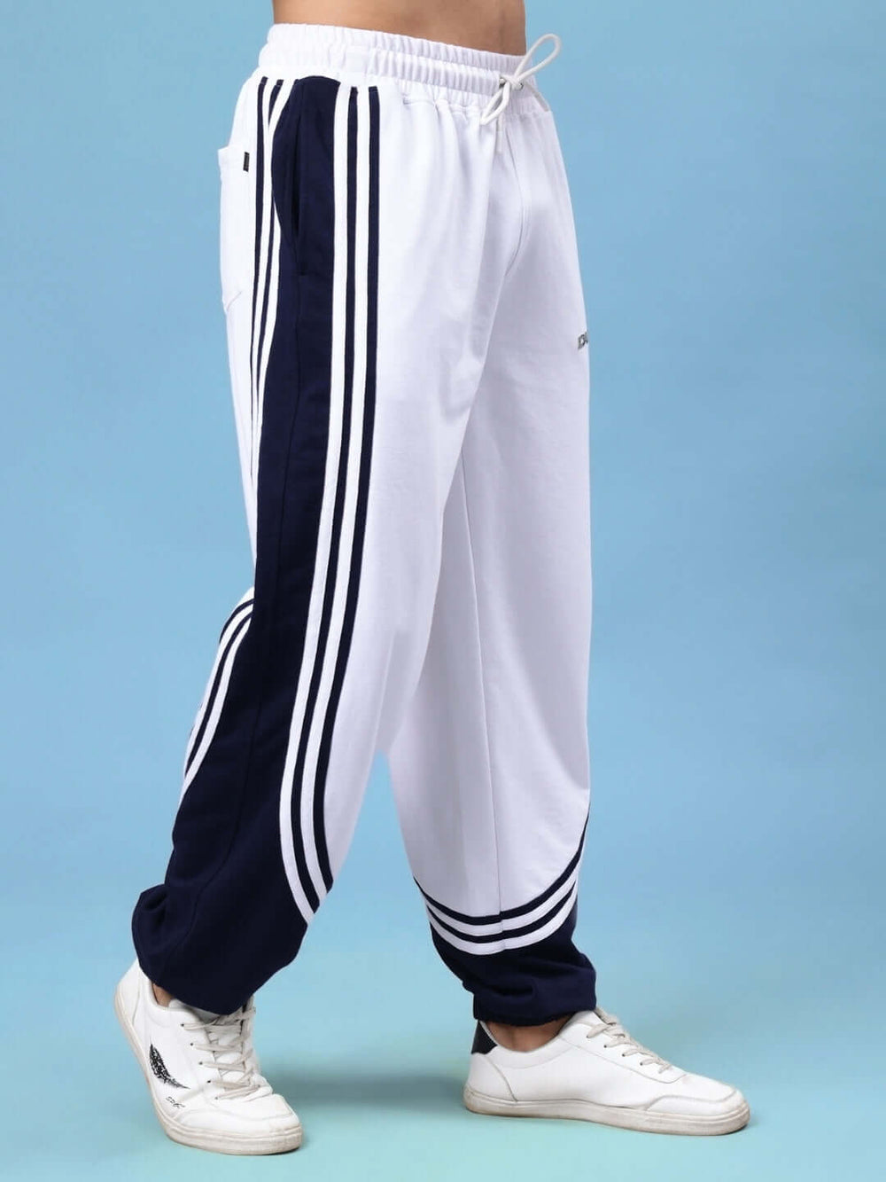 Genzclassic Men's Relaxed Fit Track Pants with Triple Side Stripes & Drawstring Waist | White & Navy Blue