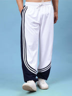 Genzclassic Men's Relaxed Fit Track Pants with Triple Side Stripes & Drawstring Waist | White & Navy Blue