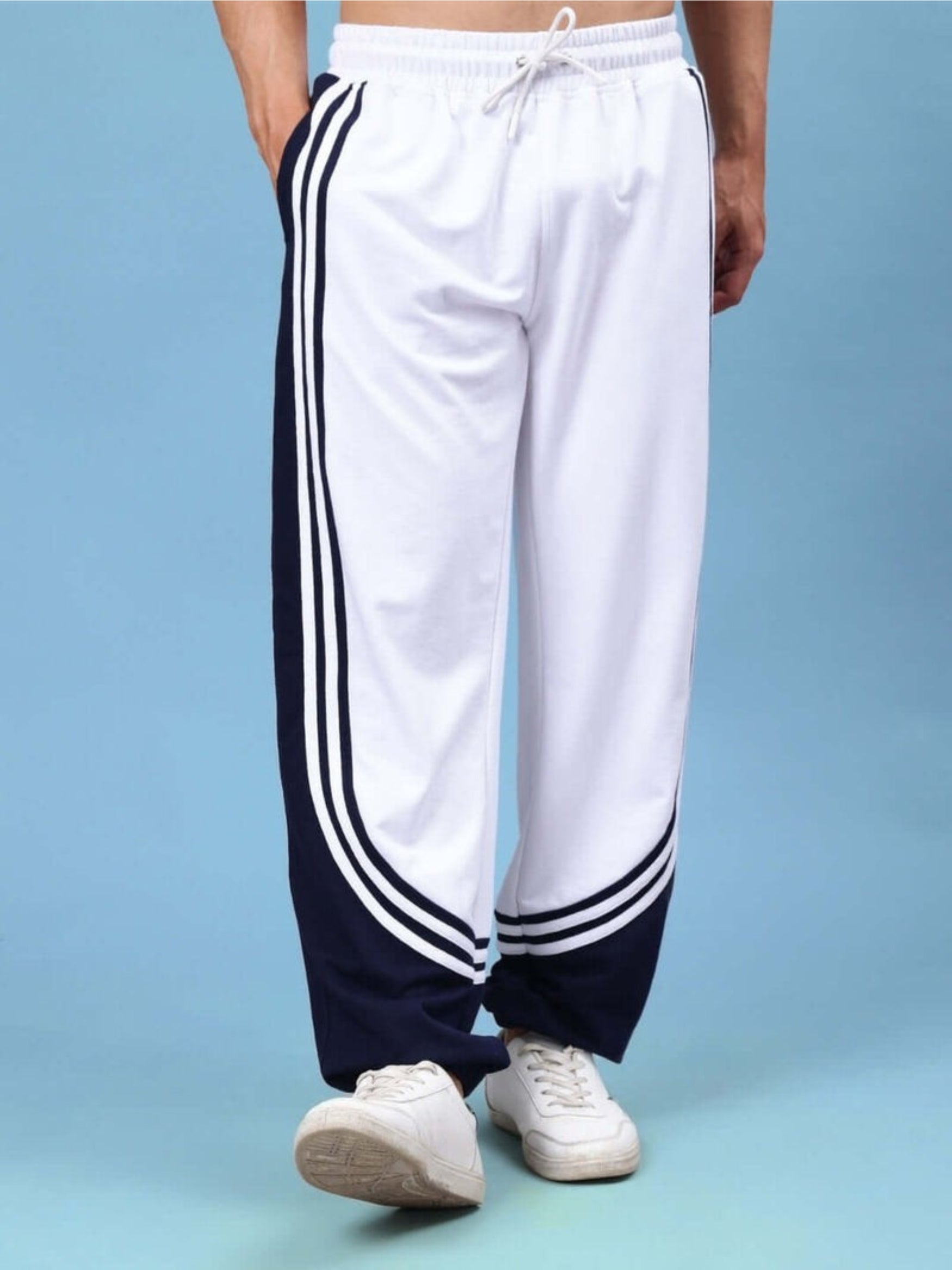 Genzclassic Men's Relaxed Fit Track Pants with Triple Side Stripes & Drawstring Waist | White & Navy Blue