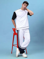 Genzclassic Men's Relaxed Fit Track Pants with Triple Side Stripes & Drawstring Waist | White & Navy Blue