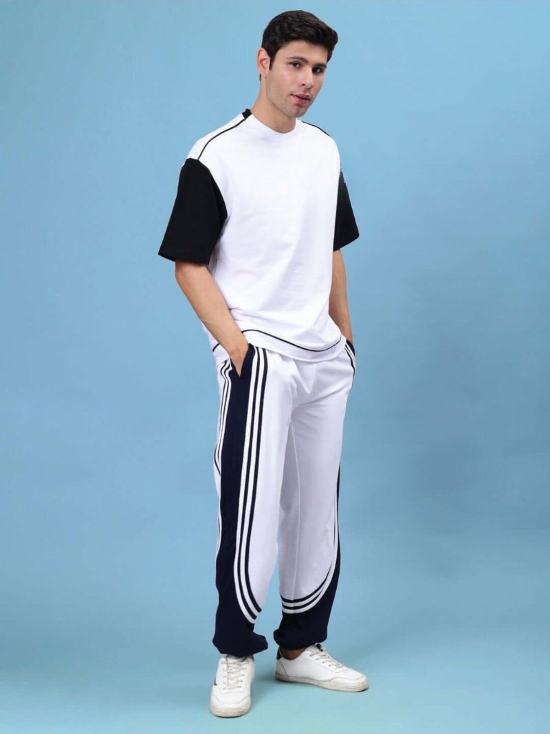 Genzclassic Men's Relaxed Fit Track Pants with Triple Side Stripes & Drawstring Waist | White & Navy Blue