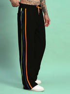 Genzclassic Men's Side Zipper Track Pants with Contrast Piping, Athletic Fit Sports Lower | Black, Orange & Blue
