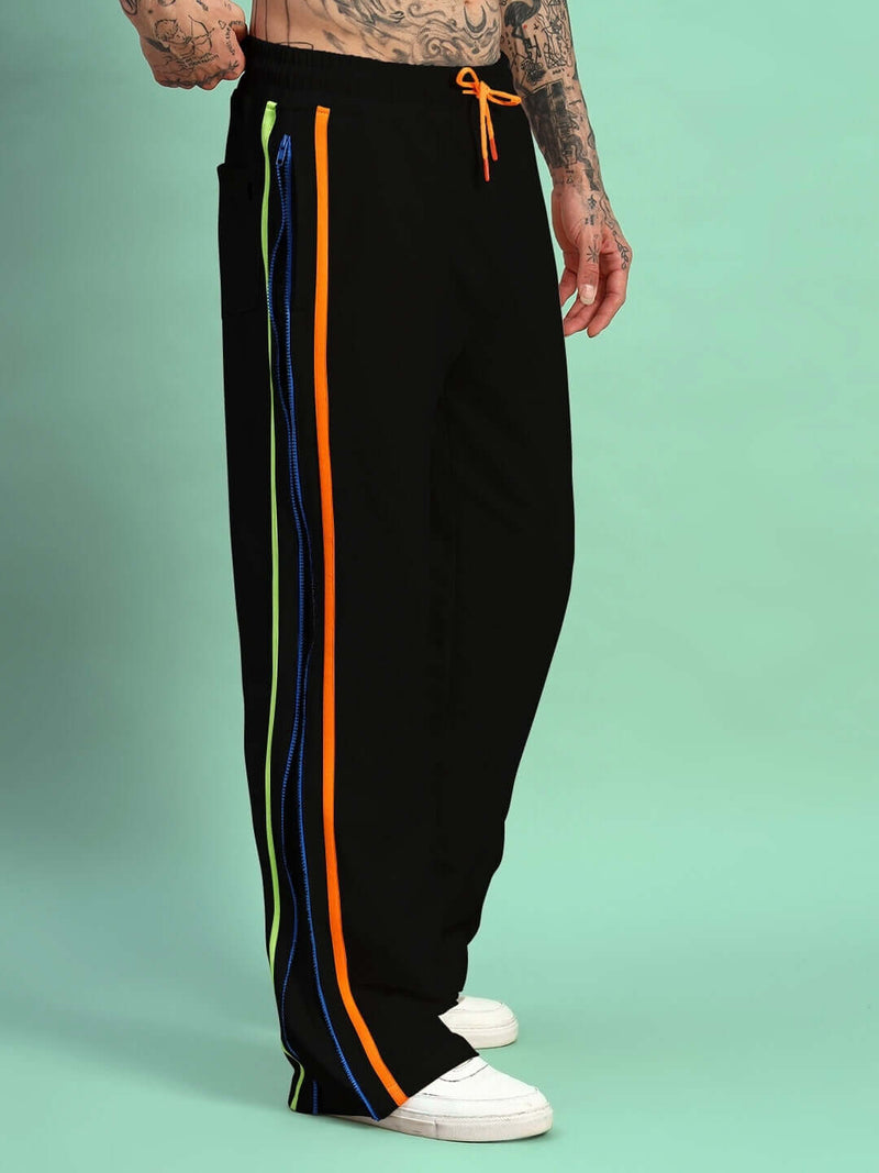 Genzclassic Men's Side Zipper Track Pants with Contrast Piping, Athletic Fit Sports Lower | Black, Orange & Blue