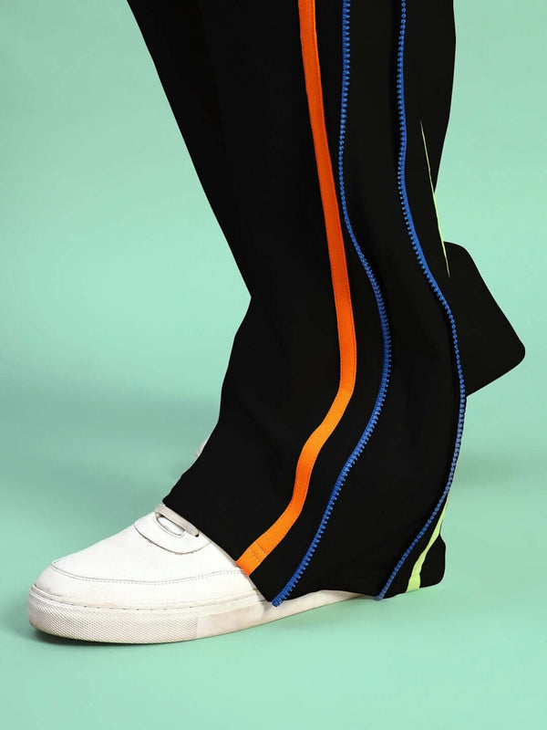 Genzclassic Men's Side Zipper Track Pants with Contrast Piping, Athletic Fit Sports Lower | Black, Orange & Blue