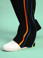 Genzclassic Men's Side Zipper Track Pants with Contrast Piping, Athletic Fit Sports Lower | Black, Orange & Blue