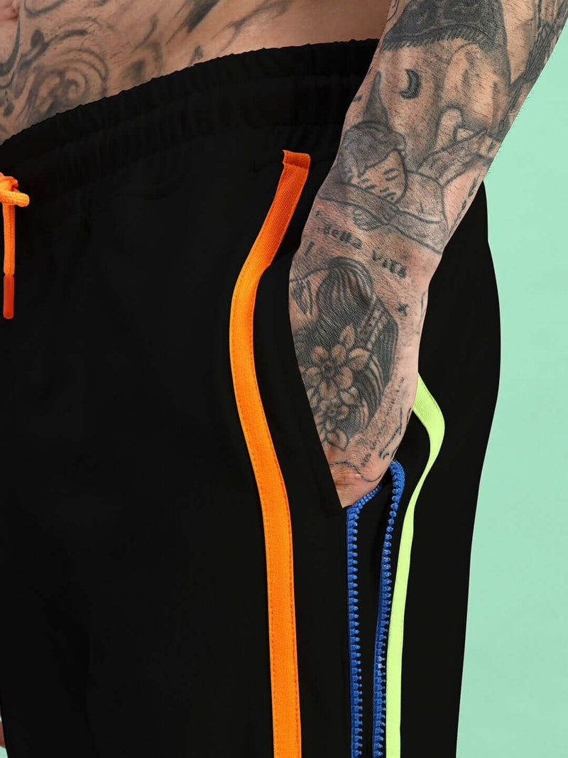 Genzclassic Men's Side Zipper Track Pants with Contrast Piping, Athletic Fit Sports Lower | Black, Orange & Blue