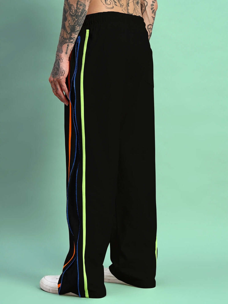 Genzclassic Men's Side Zipper Track Pants with Contrast Piping, Athletic Fit Sports Lower | Black, Orange & Blue