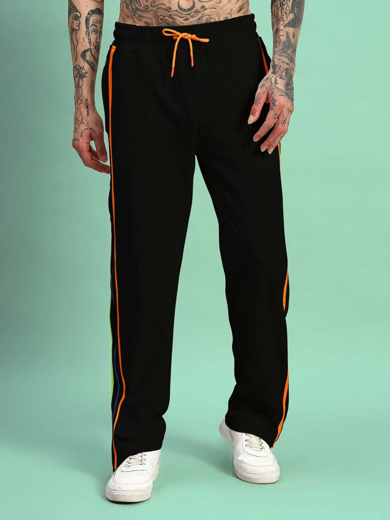 Genzclassic Men's Side Zipper Track Pants with Contrast Piping, Athletic Fit Sports Lower | Black, Orange & Blue